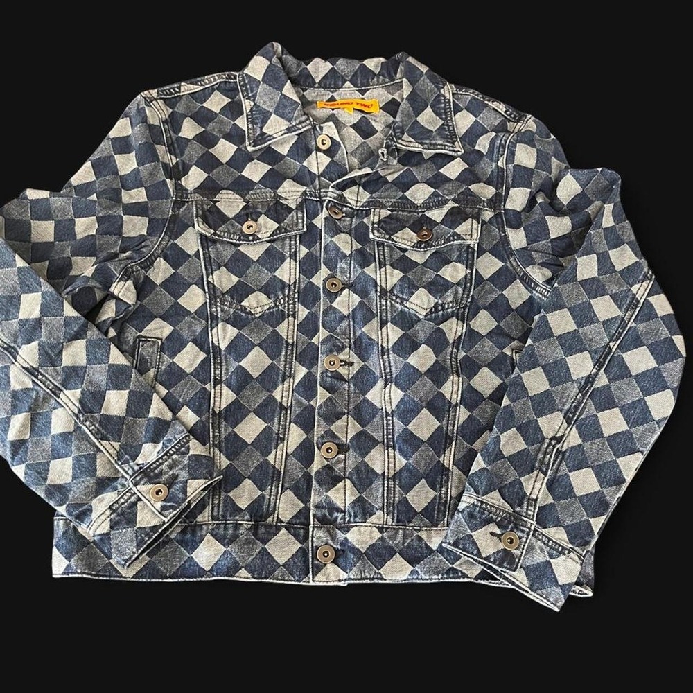 Round Two Diamond Checkerboard Denim Trucker Jacket